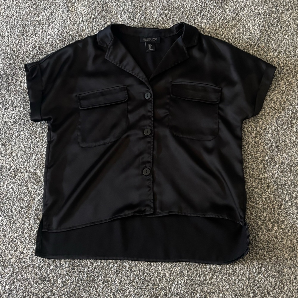 Rachel Zoe Black Satin Button-Up Crop Top